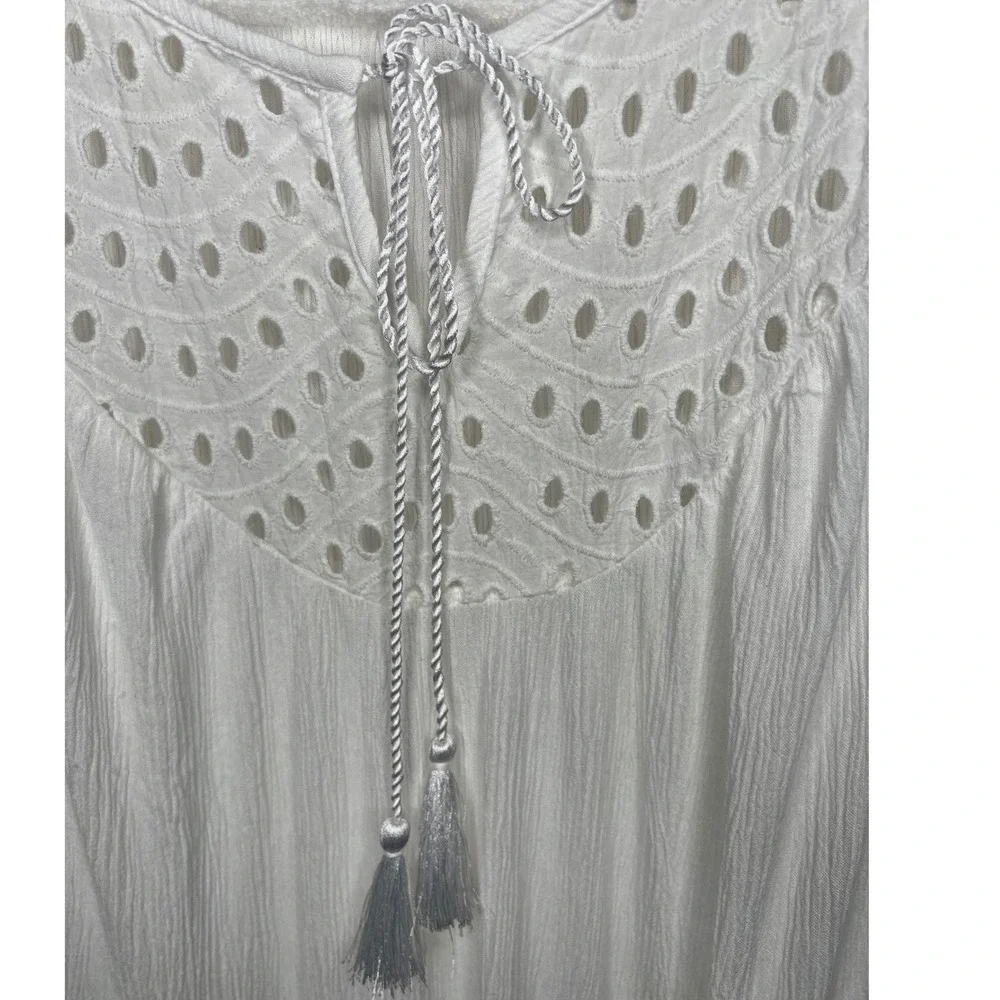 Lascana for Venus White Eyelet Lace Peasant Blouse Tassel Tie Gauze Top Large - Picture 4 of 5